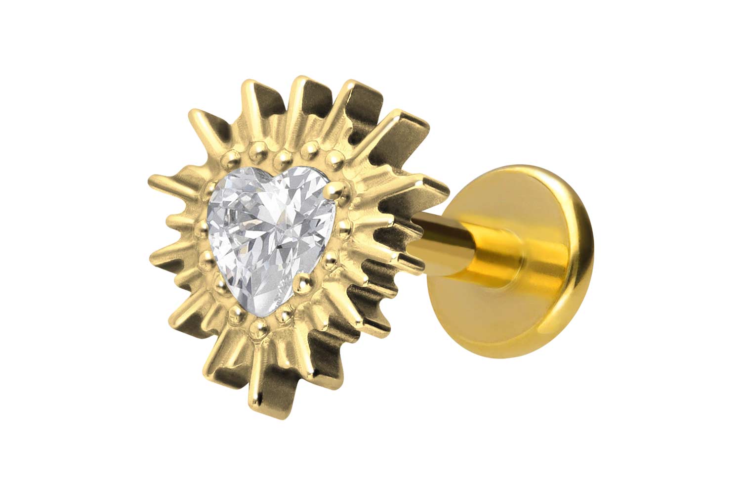 Titan Labret Piercing mit Innengewinde KRISTALLHERZ + SONNENSTRAHLEN